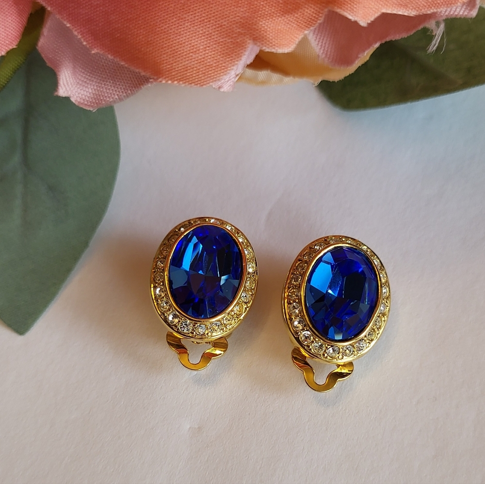 Earrings Cobalt Blue Glass Crystal Oval Studs Diamond Cut Goldtone Clipon 1"